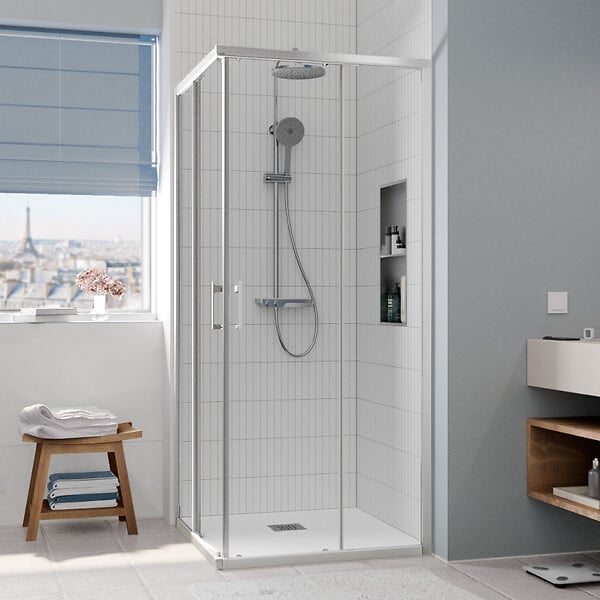 CERAMIA - CASCADA Porte de douche 90x90x195cm coulissante anticalcaire avec profilés chrome brillant (CERAHC9090C) - large