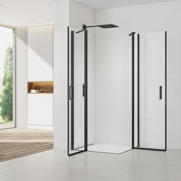 SWISS AQUA TECHNOLOGIES - Swiss Aqua Technologies Fusion Portes de douche acces en angle pivotantes 100x80cm anticalcaire avec profilés noir mat (SATFUDP10080C-SET) - large