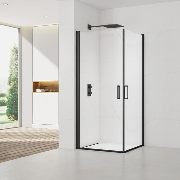 SWISS AQUA TECHNOLOGIES - Swiss Aqua Technologies Fusion Portes de douche acces en angle pivotantes 100x100cm anticalcaire avec profilés noir mat (SATFUD100100C-SET) - large
