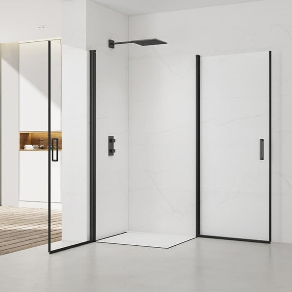 SWISS AQUA TECHNOLOGIES - Swiss Aqua Technologies Fusion Portes de douche acces en angle pivotantes 100x100cm anticalcaire avec profilés noir mat (SATFUD100100C-SET) - large