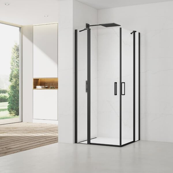 SWISS AQUA TECHNOLOGIES - Swiss Aqua Technologies Fusion Portes de douche acces en angle pivotantes 90x80cm anticalcaire avec profilés noir mat (SATFUDP9080C-SET) - large