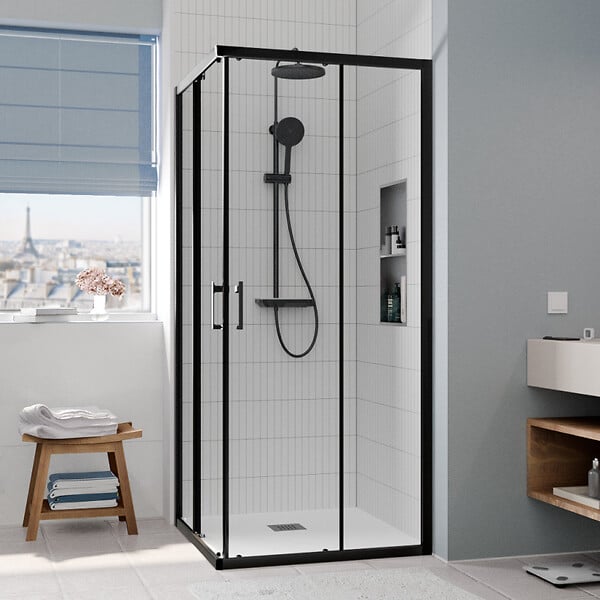 CERAMIA - CASCADA Porte de douche 90x90x195cm coulissante anticalcaire avec profilés Noir mat (CERAHC9090B) - large