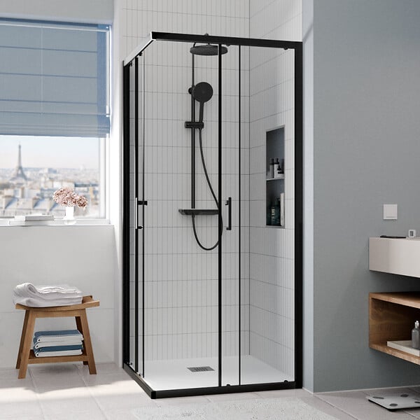 CERAMIA - CASCADA Porte de douche 90x90x195cm coulissante anticalcaire avec profilés Noir mat (CERAHC9090B) - large