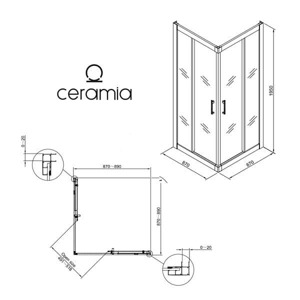 CERAMIA - CASCADA Porte de douche 90x90x195cm coulissante anticalcaire avec profilés Noir mat (CERAHC9090B) - large