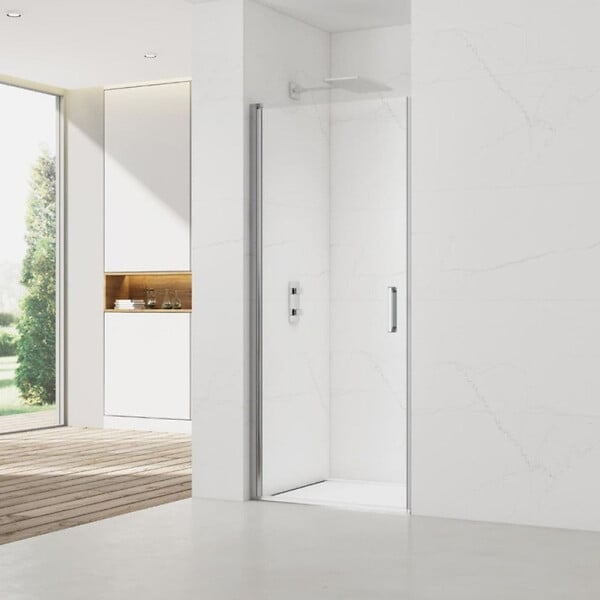 SWISS AQUA TECHNOLOGIES - Fusion ensemble porte pivotante /paroi 100x100cm anticalcaire avec profilés chrome brillant (SATFUD100S100-SET) - large