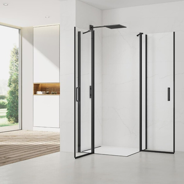 SWISS AQUA TECHNOLOGIES - Swiss Aqua Technologies Fusion Portes de douche acces en angle pivotantes 100x90cm anticalcaire avec profilés noir mat (SATFUDP10090C-SET) - large