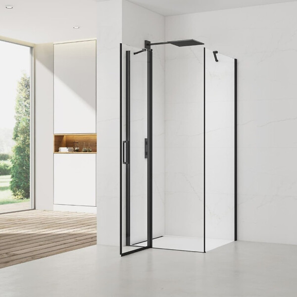 SWISS AQUA TECHNOLOGIES - Swiss Aqua Technologies Fusion ensemble porte pivotante /paroi 90x80cm anticalcaire avec profilés noir mat (SATFUDP90S80C-SET) - large