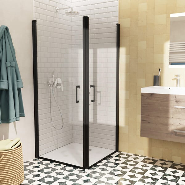 SWISS AQUA TECHNOLOGIES - Swiss Aqua Technologies Fusion Portes de douche acces en angle pivotantes 80x80cm anticalcaire avec profilés noir mat (SATFUD8080C-SET) - large