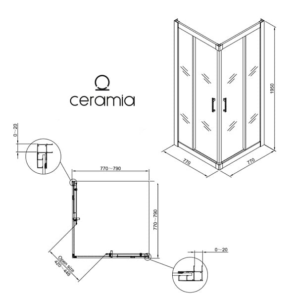 CERAMIA - CASCADA Porte de douche 80x80x195cm coulissante anticalcaire avec profilés Noir mat (CERAHC8080B) - large