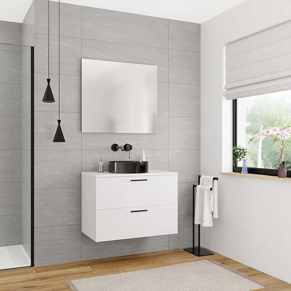 CERAMIA - Ceramia Set complet 80 cm : plan vasque blanc mat + meuble assemblé certifié FSC, blanc cassé (CERAMIA-4OW80-S) - large