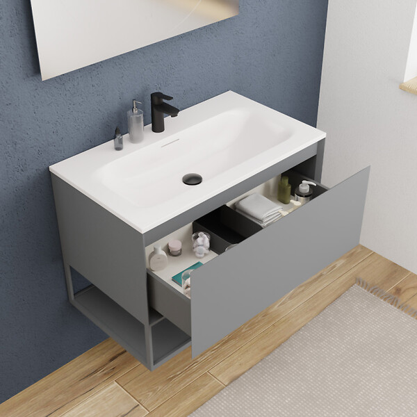 CERAMIA - Ceramia meuble de salle de bain  80 cm, certifié FSC, gris foncé (CERAMIA-1DG80) - large