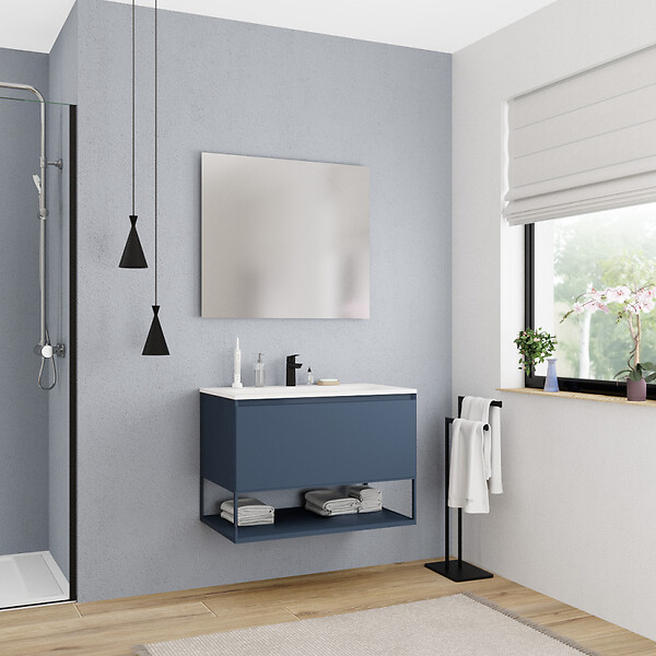 CERAMIA - Ceramia meuble de salle de bain 80 cm, certifié FSC, bleu foncé (CERAMIA-1DB80) - large