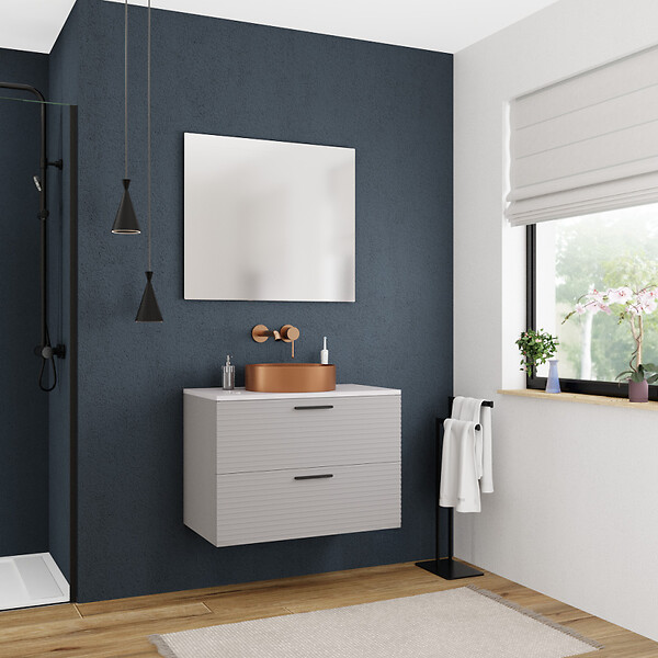 CERAMIA - Ceramia Set 80 cm : plan vasque blanc mat + meuble assemblé certifié FSC, gris perle (CERAMIA-4LG80-S) - large