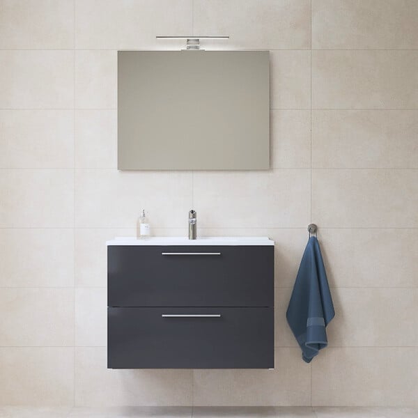 VITRA - Vitra  Mia ensemble avec meuble préassemblé 79x61x39,5 cm + miroir + lavabo + éclairage LED, anthracite brillant (MIASET80A) - large