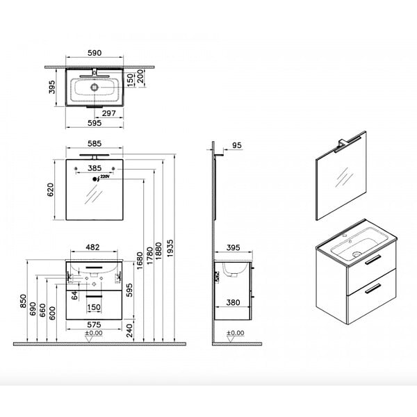 VITRA - Vitra  Mia ensemble meuble préassemblé 59x61x39,5 cm avec miroir, lavabo et éclairage LED, Blanc brillant (MIASET60B) - large