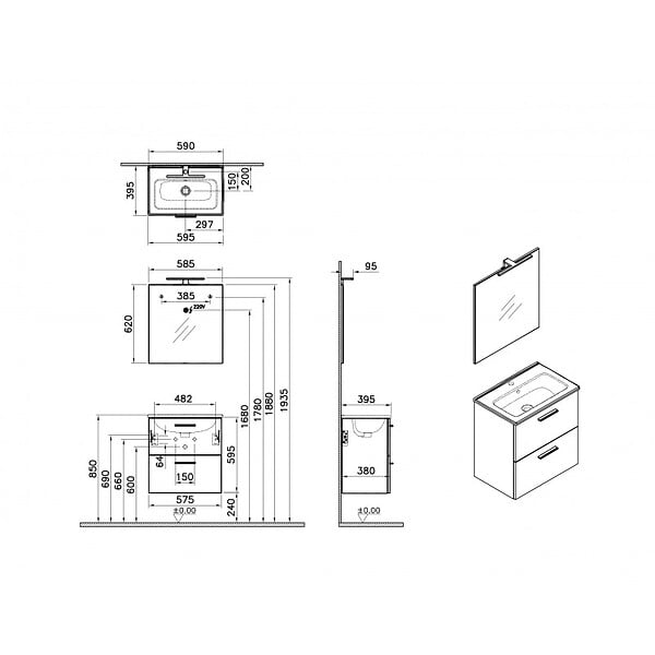 VITRA - Vitra  Mia ensemble avec meuble préassemblé 59x61x39,5 cm + miroir + lavabo en céramique + éclairage LED, Cordoba (MIASET60C) - large