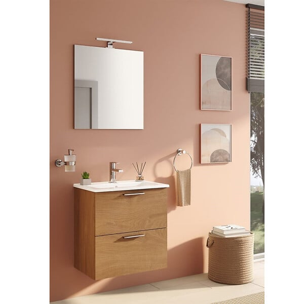 VITRA - Vitra  Mia ensemble avec meuble préassemblé 59x61x39,5 cm + miroir + lavabo céramique + éclairage LED, chêne (MIASET60D) - large