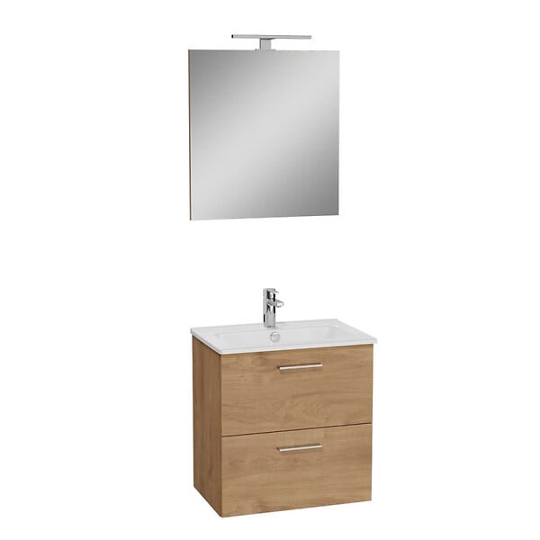 VITRA - Vitra  Mia ensemble avec meuble préassemblé 59x61x39,5 cm + miroir + lavabo céramique + éclairage LED, chêne (MIASET60D) - large