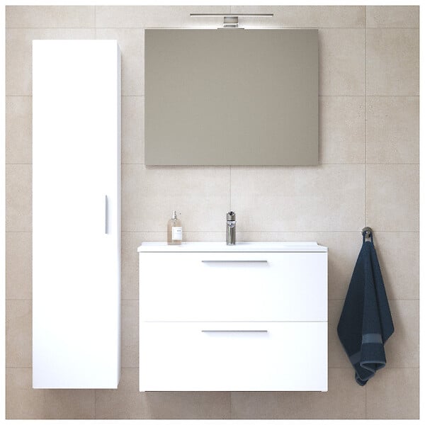 VITRA - Vitra  Set Mia ensemble meuble 79x61x39,5 cm  avec miroir, lavabo, éclairage LED + armoire 145x35x35cm, Blanc brillant - large