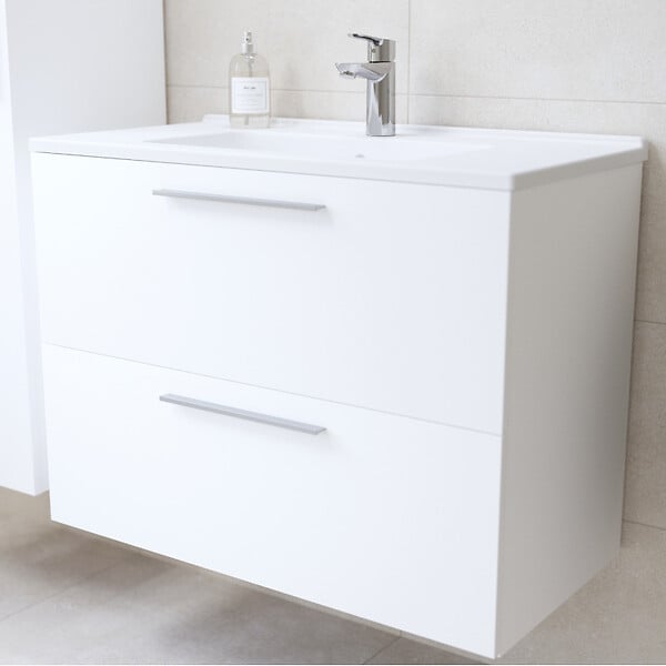 VITRA - Vitra  Set Mia ensemble meuble 79x61x39,5 cm  avec miroir, lavabo, éclairage LED + armoire 145x35x35cm, Blanc brillant - large