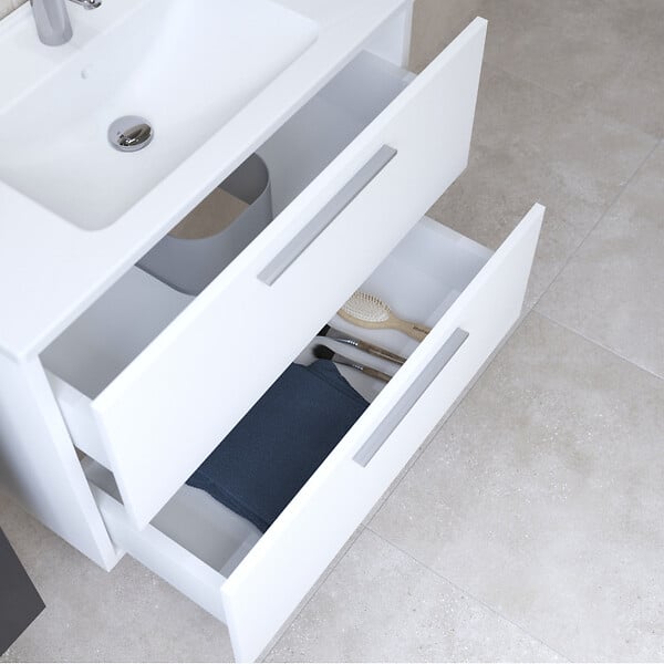 VITRA - Vitra  Set Mia ensemble meuble 79x61x39,5 cm  avec miroir, lavabo, éclairage LED + armoire 145x35x35cm, Blanc brillant - large