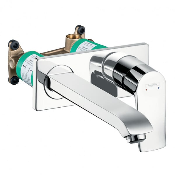 HANSGROHE - Metris Set Mitigeur monocommande lavabo encastré mural Chrome Bec long + Bonde écoulement libre + Corps encastré (31086000-SET) - large