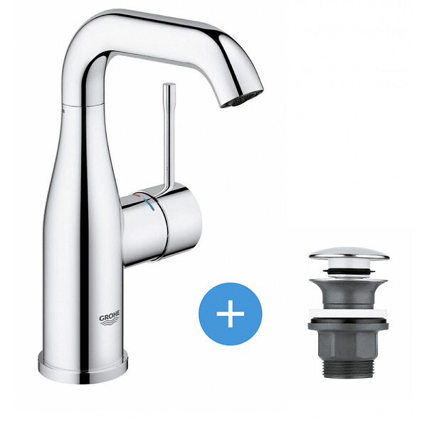 GROHE - Essence Set Mitigeur monocommande 1/2" Lavabo Taille M + Bonde clic clac Grohe pour lavabo avec trop-plein (23463001-CLICCLAC) - large