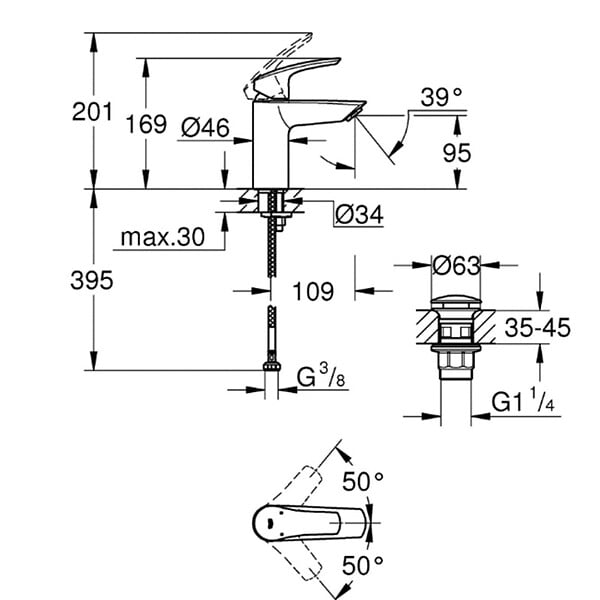 GROHE - EUROSMART Mitigeur monocommande de lavabo Taille S, Bonde Clic-clac Chrome (23924003) - large