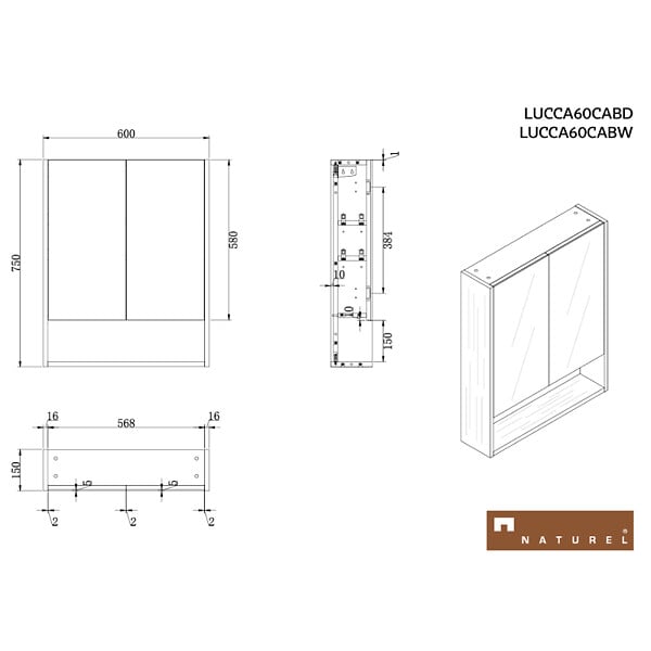 NATUREL - Naturel Lucca Armoire de toilette assemblée 60x75 cm, stratifié, 4 étagères, miroir, couleur chêne (LUCCA60CABD) - large