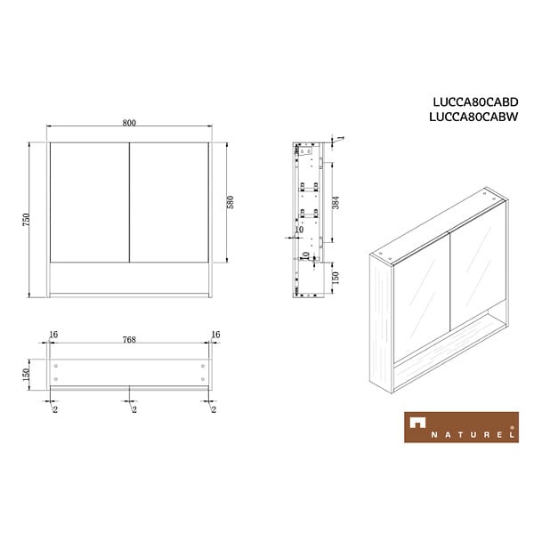 NATUREL - Lucca Armoire de toilette assemblée 80x75 cm, stratifié, 4 étagères, miroir blanc (LUCCA80CABW) - large
