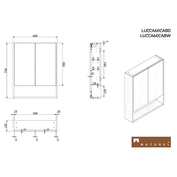 NATUREL - Naturel Lucca Armoire de salle de bain assemblée 60x75 cm, stratifié, 4 étagères, miroir blanc (LUCCA60CABW) - large