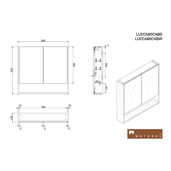 NATUREL - Naturel Lucca Armoire de toilette assemblée 80x75 cm, stratifié, 4 étagères, miroir, couleur chêne (LUCCA80CABD) - large