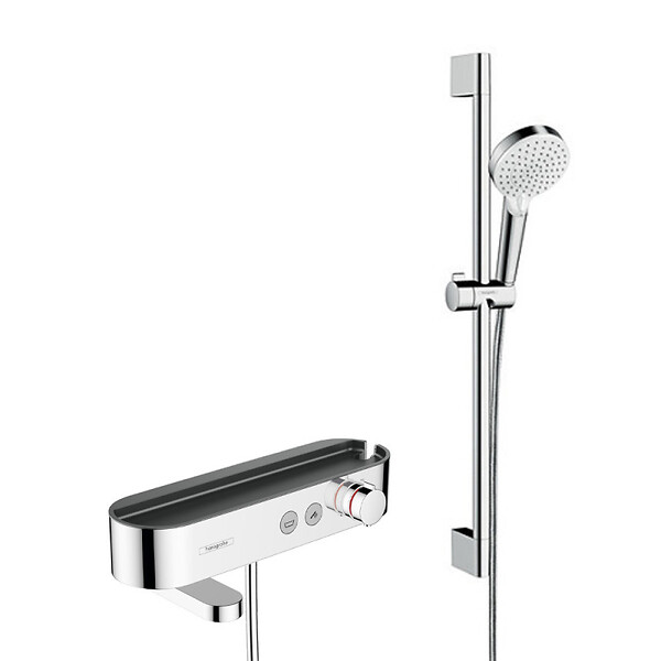 HANSGROHE - Hansgrohe Pack Mitigeur thermostatique bain/douche 400 avec tablette, bec déverseur rotatif + Set de douche 2 jets, Chrome - large