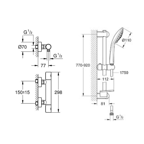 GROHE - Ensemble de douche complet 3 jets +Mitigeur thermostatique douche, Brossé (34065AL2-SET) - large