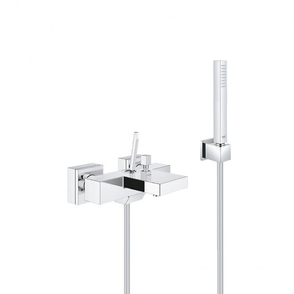 GROHE - Grohe Set bain/douche mitigeur monocommande cascade + Douchette Stick 1 jet, support mural, flexible, Chrome (23666000-CUBESTICK) - large