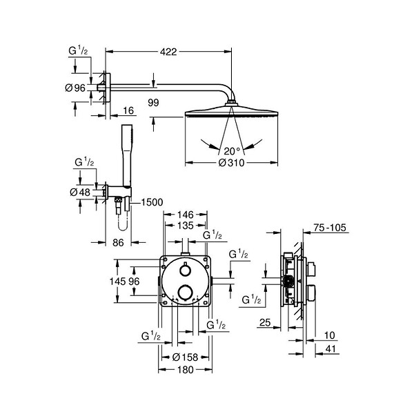 GROHE - Grohe Precision Set de douche encastrée avec mitigeur thermostatique + Douche de tête + Douchette, chrome (G34880000) - large
