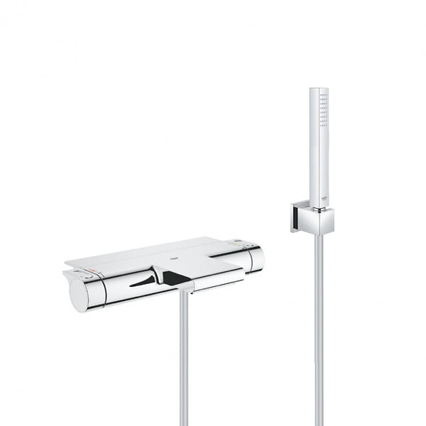 GROHE - Grohe Set bain/douche mitigeur thermostatique cascade + Douchette Stick 1 jet, support mural, flexible, Chrome (34467001-CUBESTICK) - large