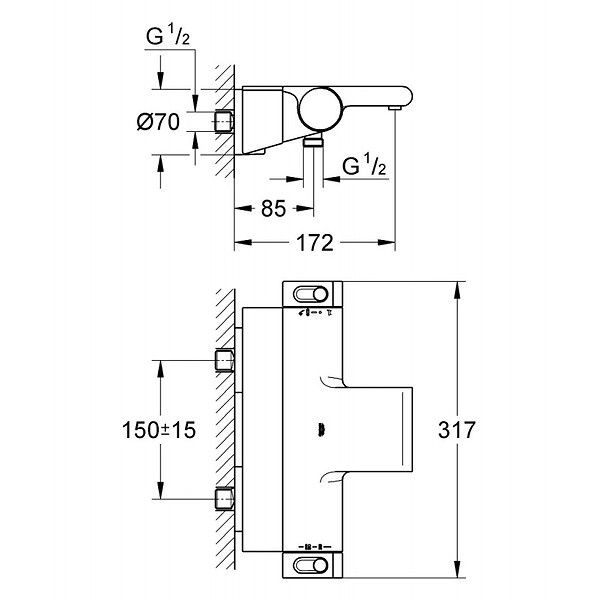 GROHE - Grohe Set bain/douche mitigeur thermostatique cascade + Douchette Stick 1 jet, support mural, flexible, Chrome (34467001-CUBESTICK) - large