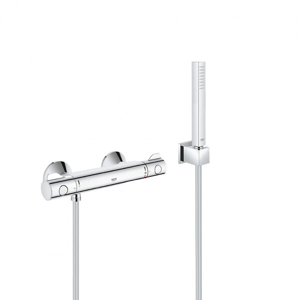 GROHE - Grohe Set de douche Mitigeur thermostatique Grohtherm + Douchette Stick 1 jet, support mural, flexible, Chrome (34558000-CUBESTICK) - large