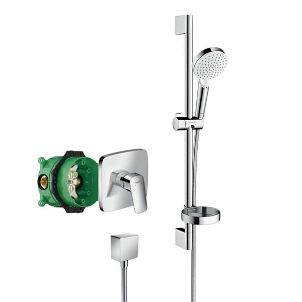 HANSGROHE - Hansgrohe Logis Pack Mitigeur encastré + Fixfit Square + Barre de douche + Porte-savon + Douchette à main, Chrome (71605000-Crometta2) - large