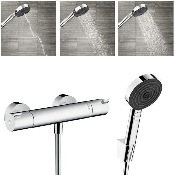 HANSGROHE - Hansgrohe Ecostat Mitigeur thermostatique douche + Douchette à main XXL 105mm 3 jets, Flexible de douche 125cm, support mural - large