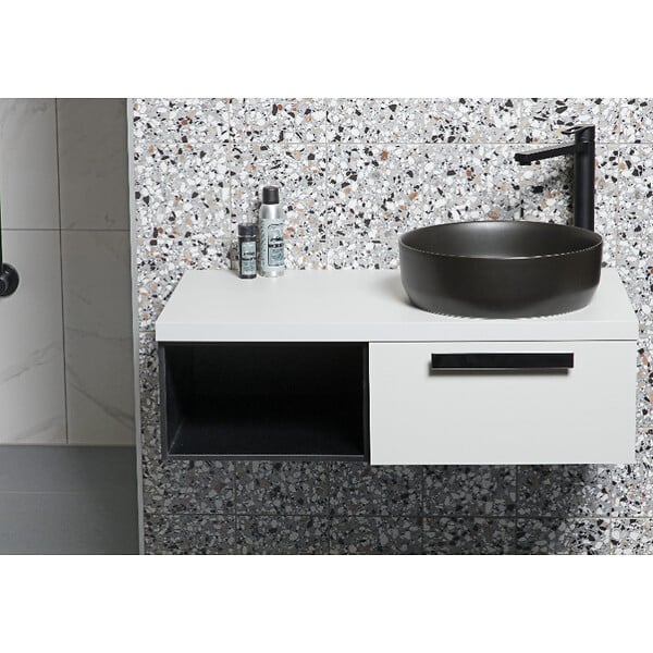 SWISS AQUA TECHNOLOGIES - Swiss Aqua Technologies Set vasque à poser 39x39x12cm sans trop-plein + bonde à écoulement libre Infinitio noir mat SetSATINF-noir - large