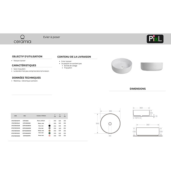 CERAMIA - Ceramia Vasque à poser ronde 36 cm hauteur 12,5 cm sans trop-plein moka mat PixL (CEPX3636MOM) - large