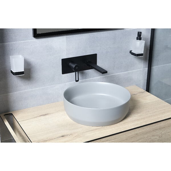 SWISS AQUA TECHNOLOGIES - Swiss Aqua Technologies Set vasque à poser 39x39x12cm sans trop-plein, bonde à écoulement libre Infinitio gris mat SetSATINF-gris - large