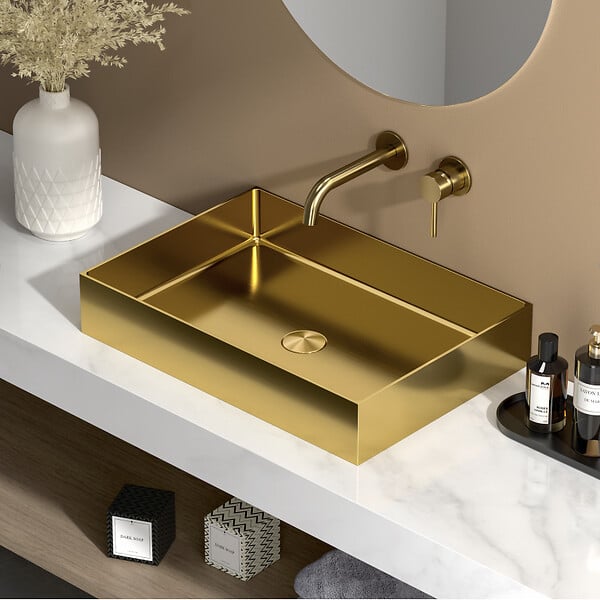 SWISS AQUA TECHNOLOGIES - Swiss Aqua Technologies Aurum Vasque à poser en Acier inoxydable 304, 55x38x11cm sans trop-plein + Bonde, Or brossé PVD (SATAUR5538BG) - large