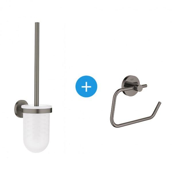 GROHE - Grohe Essentials Set d'accessoires WC avec Porte balai WC + Dérouleur de papier mural, Hard Graphite brossé (40374AL1-Essentials) - large