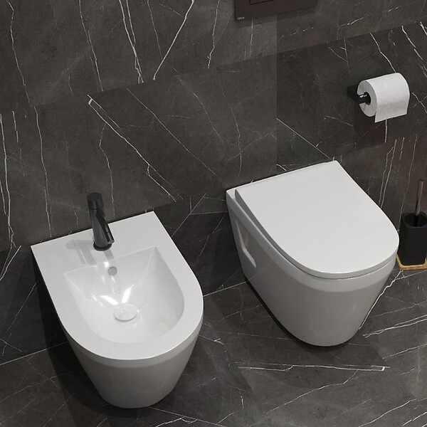 VITRA - Vitra  Set Integra WC sans bride + Abattant avec frein de chute en Duroplast + bidet suspendu et trop-plein, 35,5x54 cm, blanc - large