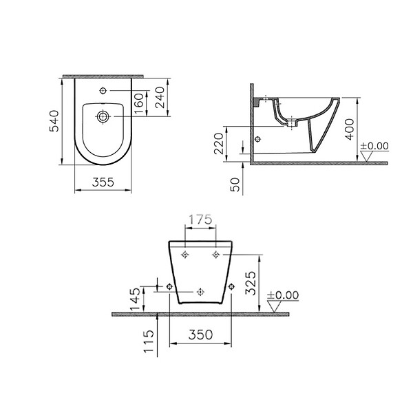 VITRA - Vitra  Set Integra WC sans bride + Abattant avec frein de chute en Duroplast + bidet suspendu et trop-plein, 35,5x54 cm, blanc - large