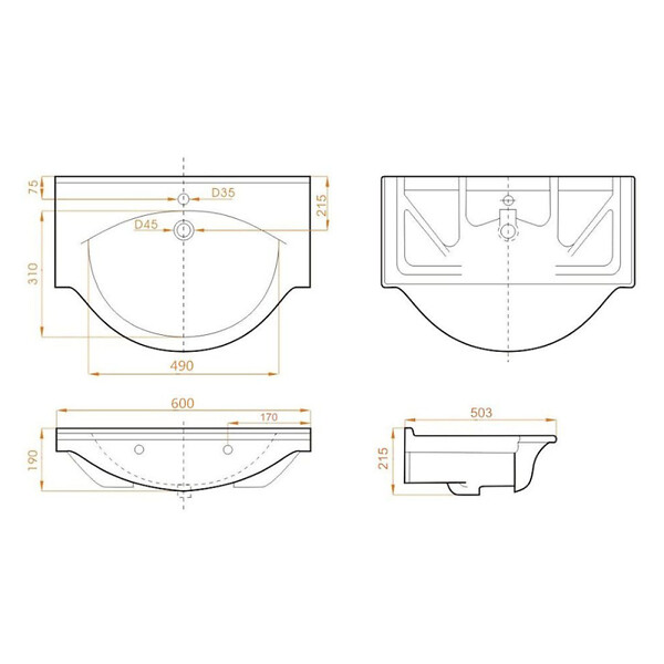 NATUREL - Naturel Pro 61x51 cm lavabo suspendu en céramique avec un trou pour mitigeur au milieu, sans siphon ni mitigeur, blanc (HA5660) - large