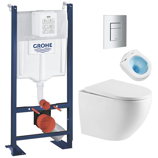 GROHE - Pack WC Bâti autoportant + WC sans bride Vortex SAT Fusion + Abattant softclose + Plaque Chrome - large